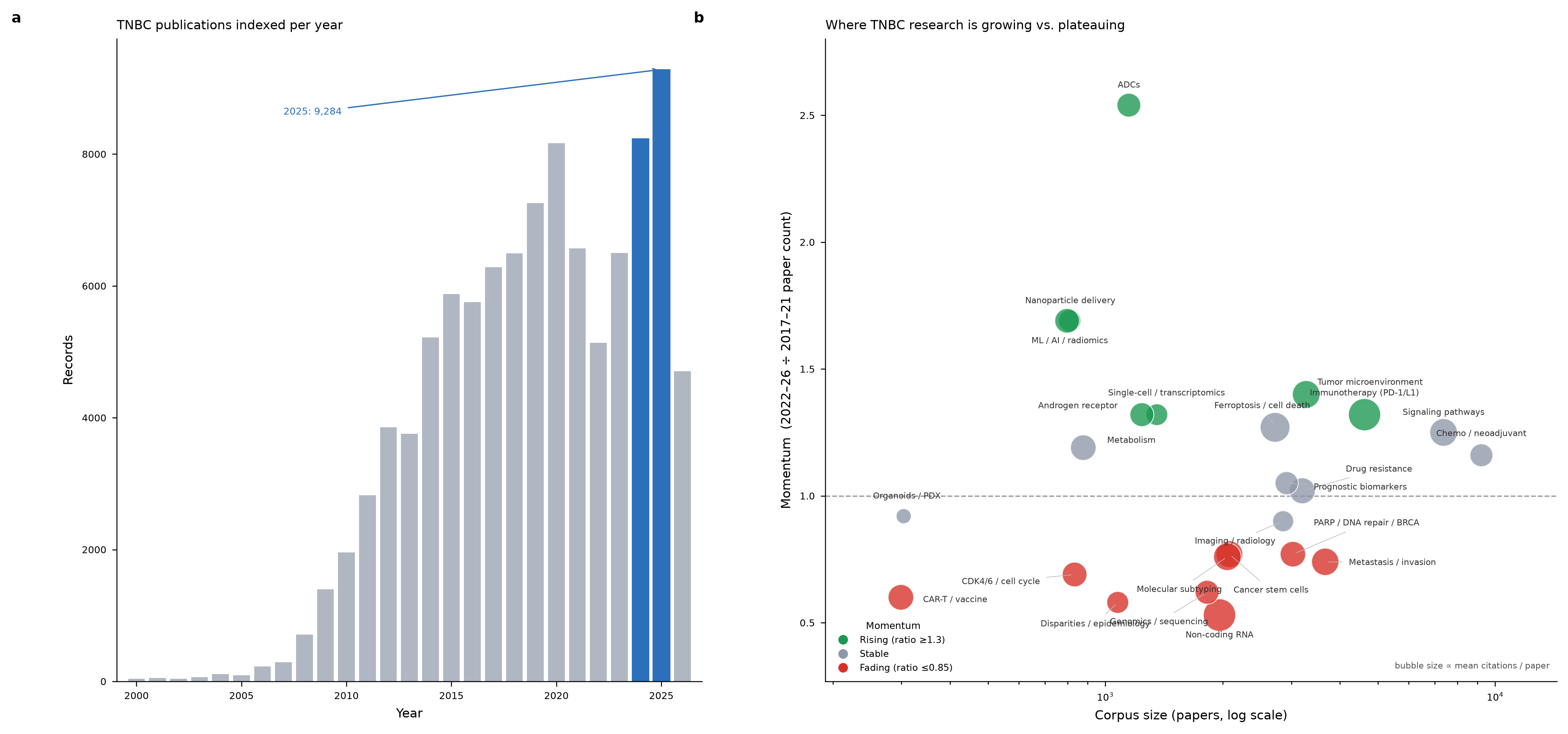Two-panel figure: TNBC publications per year, and a bubble chart of research themes by corpus size versus recent momentum.